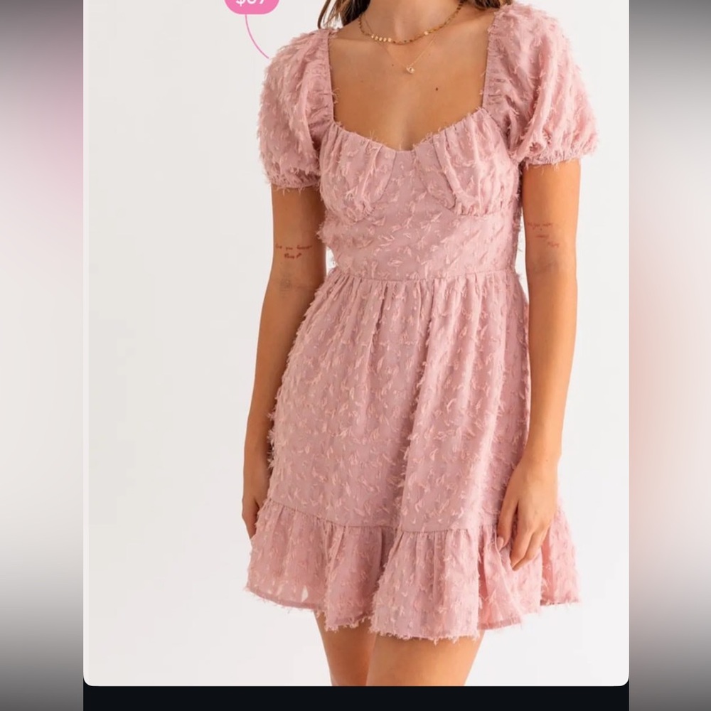 Pink Textured Puff Sleeve Dress